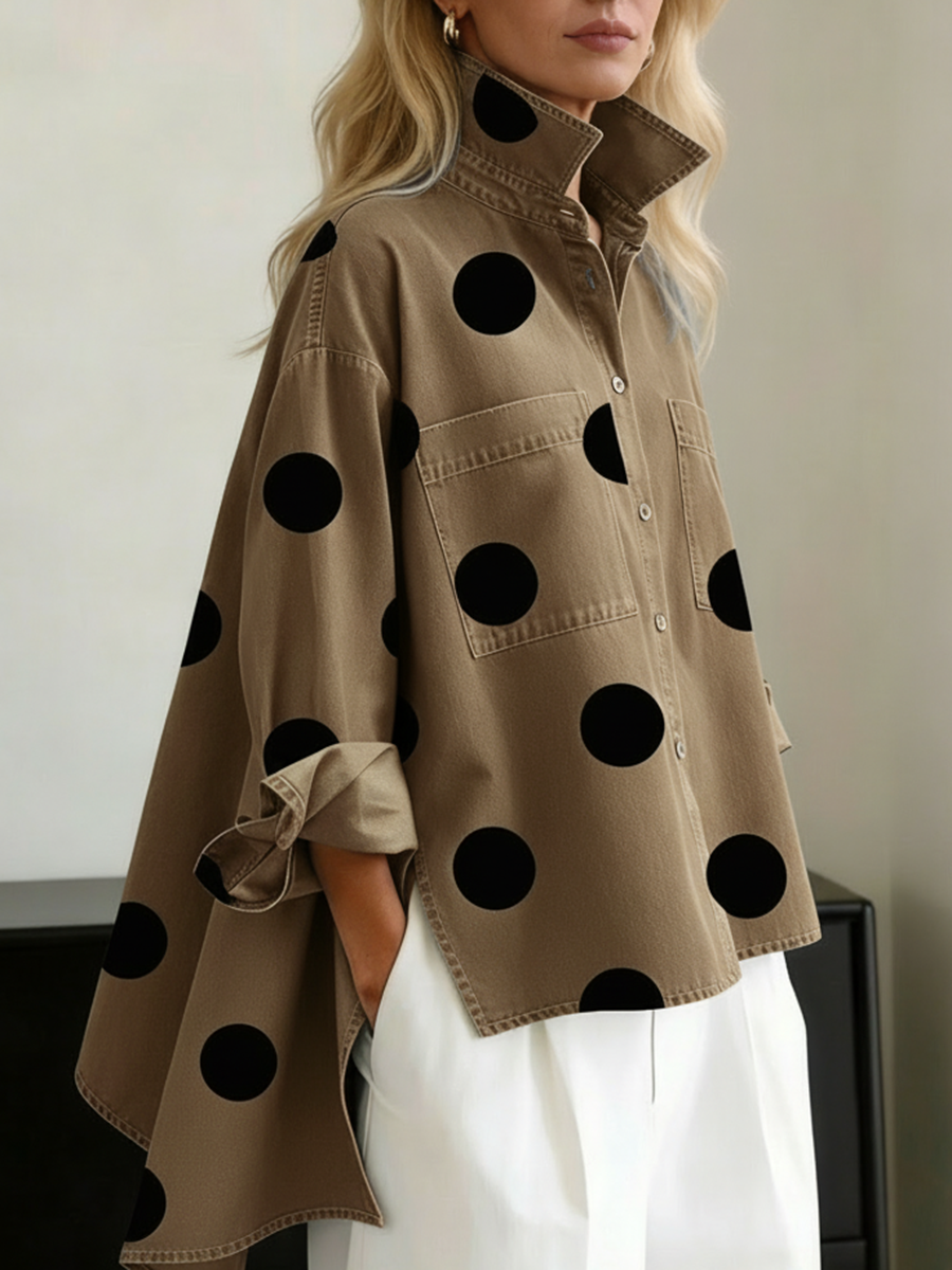 Suzy | Relaxed Polka Dot Overshirt – Stand Collar, High-Low Hem