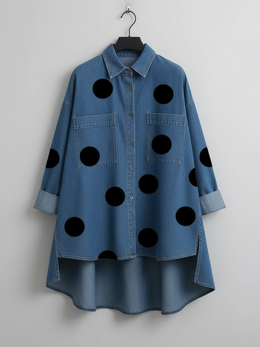 Suzy | Relaxed Polka Dot Overshirt – Stand Collar, High-Low Hem