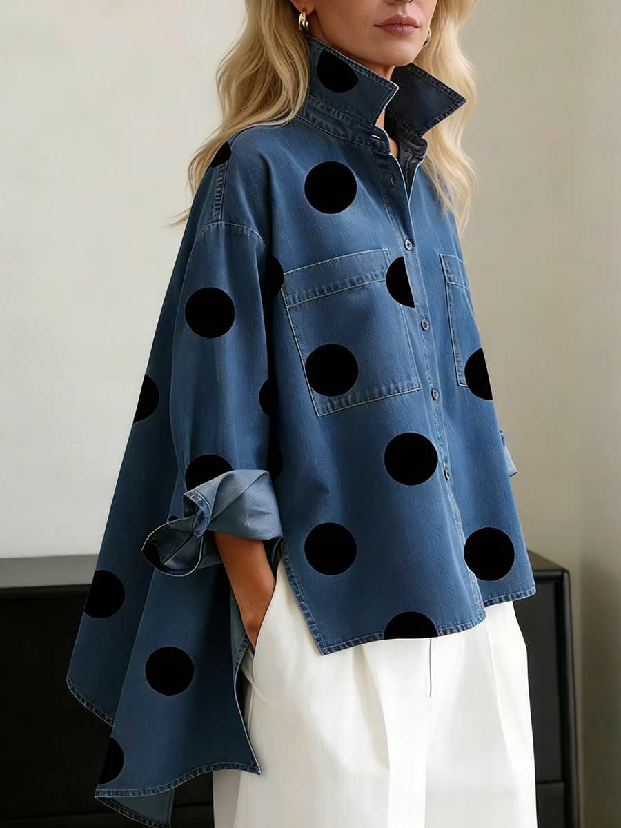 Suzy | Relaxed Polka Dot Overshirt – Stand Collar, High-Low Hem