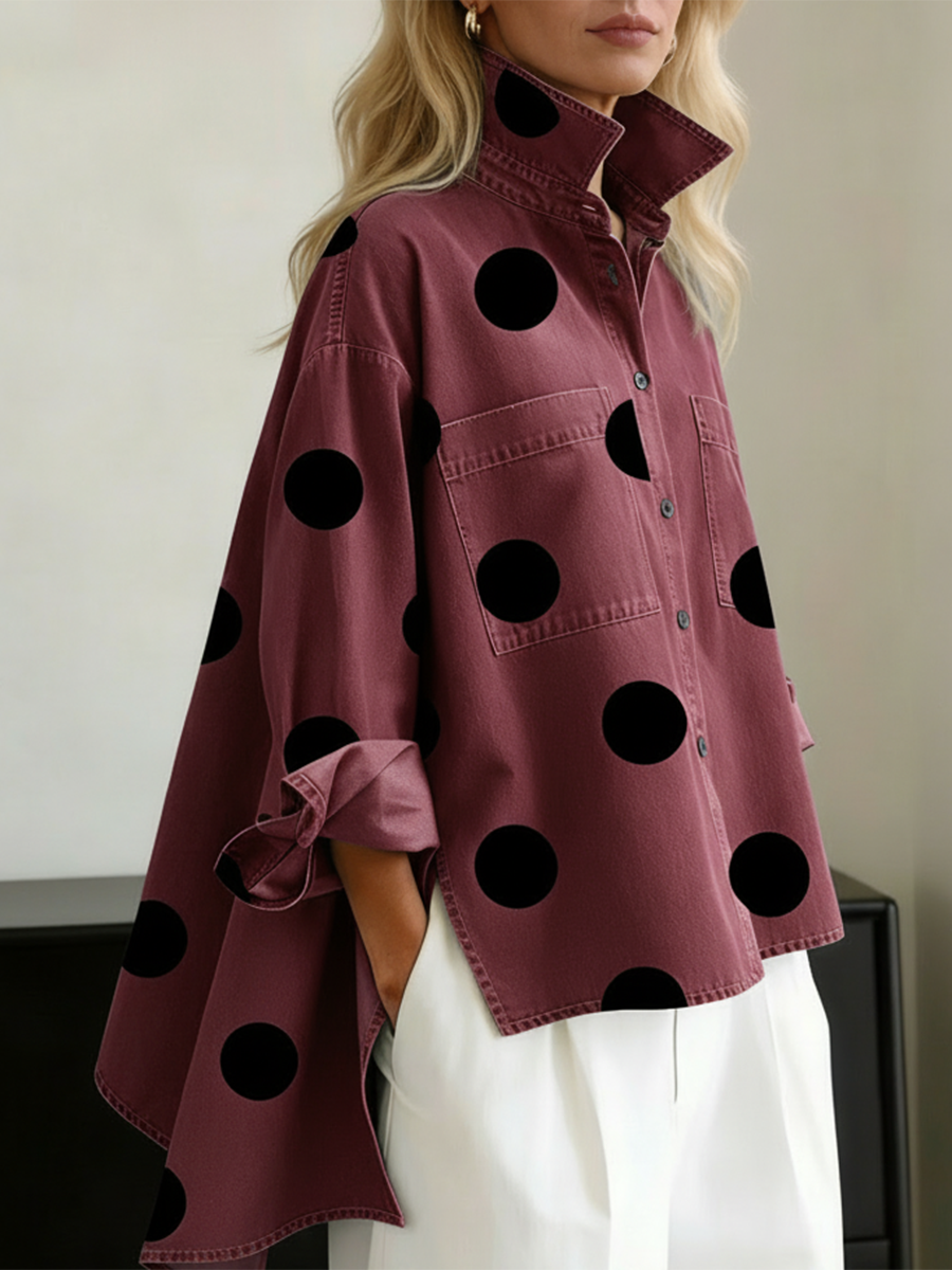Suzy | Relaxed Polka Dot Overshirt – Stand Collar, High-Low Hem