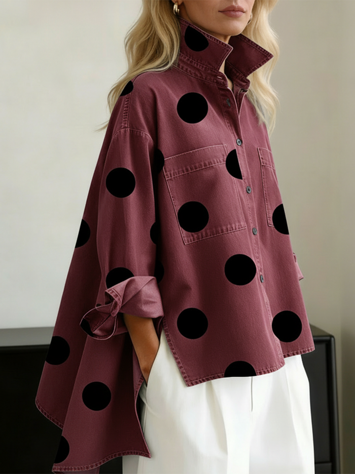Suzy | Relaxed Polka Dot Overshirt – Stand Collar, High-Low Hem