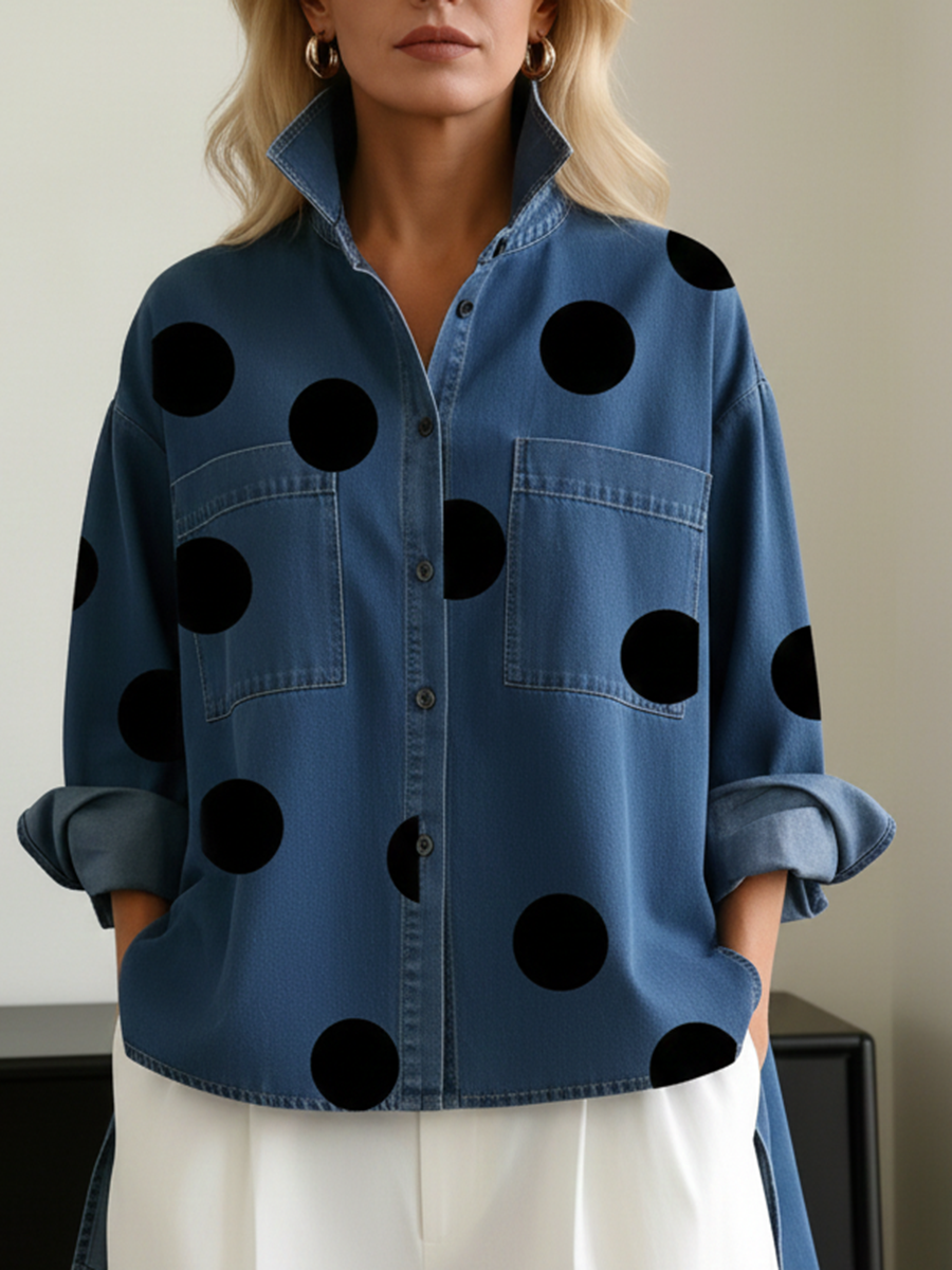 Suzy | Relaxed Polka Dot Overshirt – Stand Collar, High-Low Hem