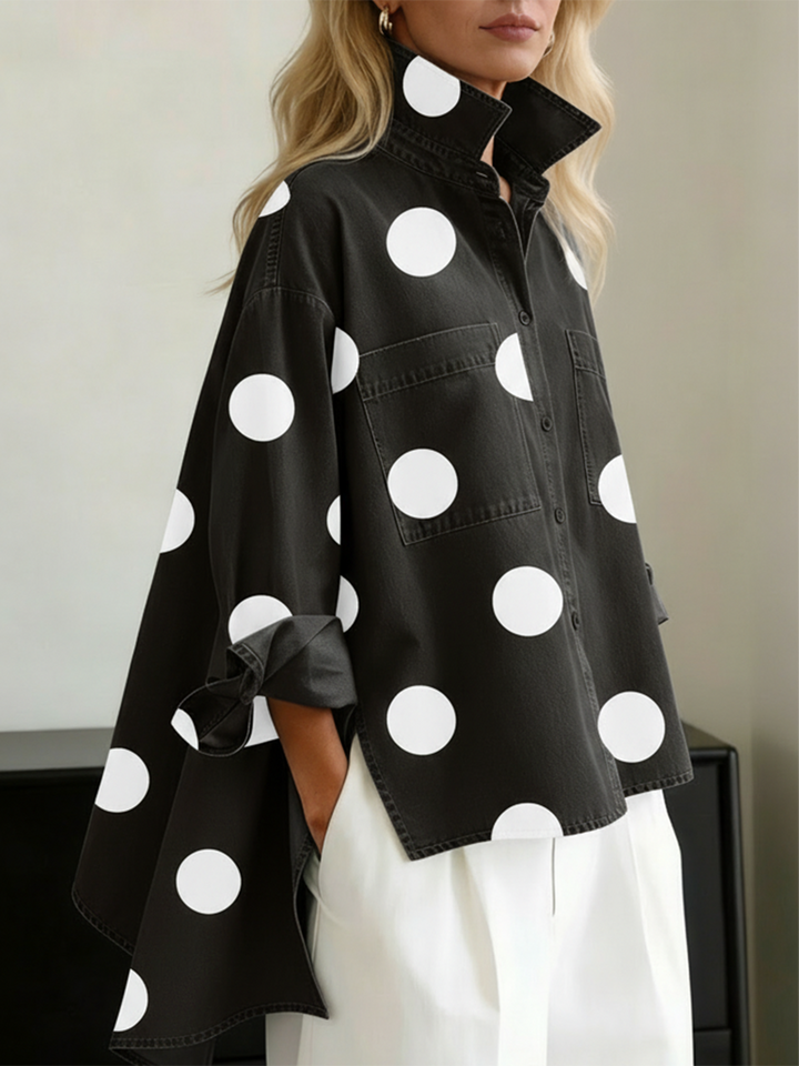 Suzy | Relaxed Polka Dot Overshirt – Stand Collar, High-Low Hem
