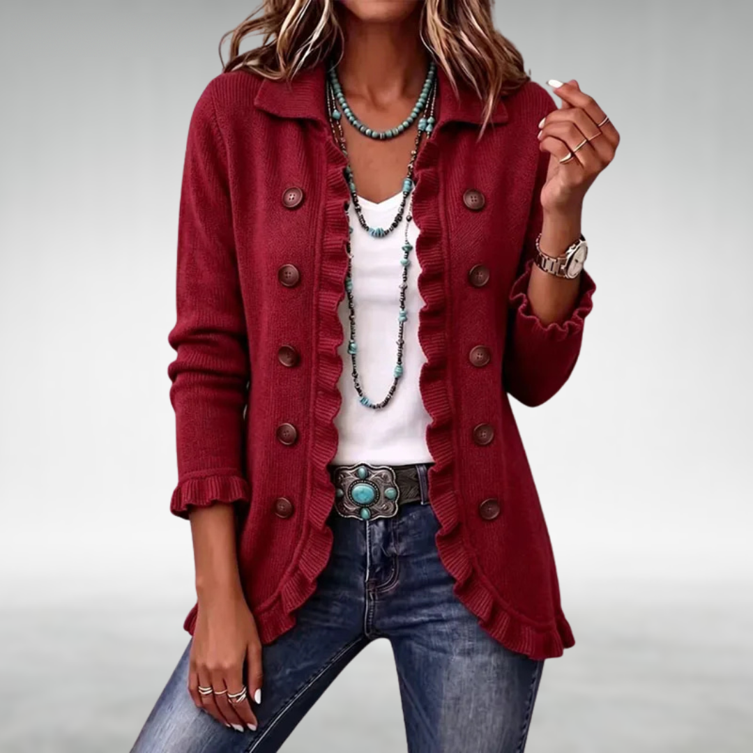 Eve | Elegant Ruffle Cardigan – Button Front, Flattering Hip Length