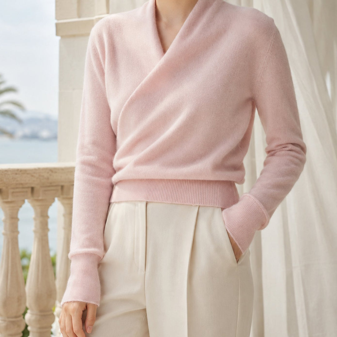 Isla | Soft Crossover Shawl-Neck Jumper – Elegant Wrap Neckline, Defined Waist