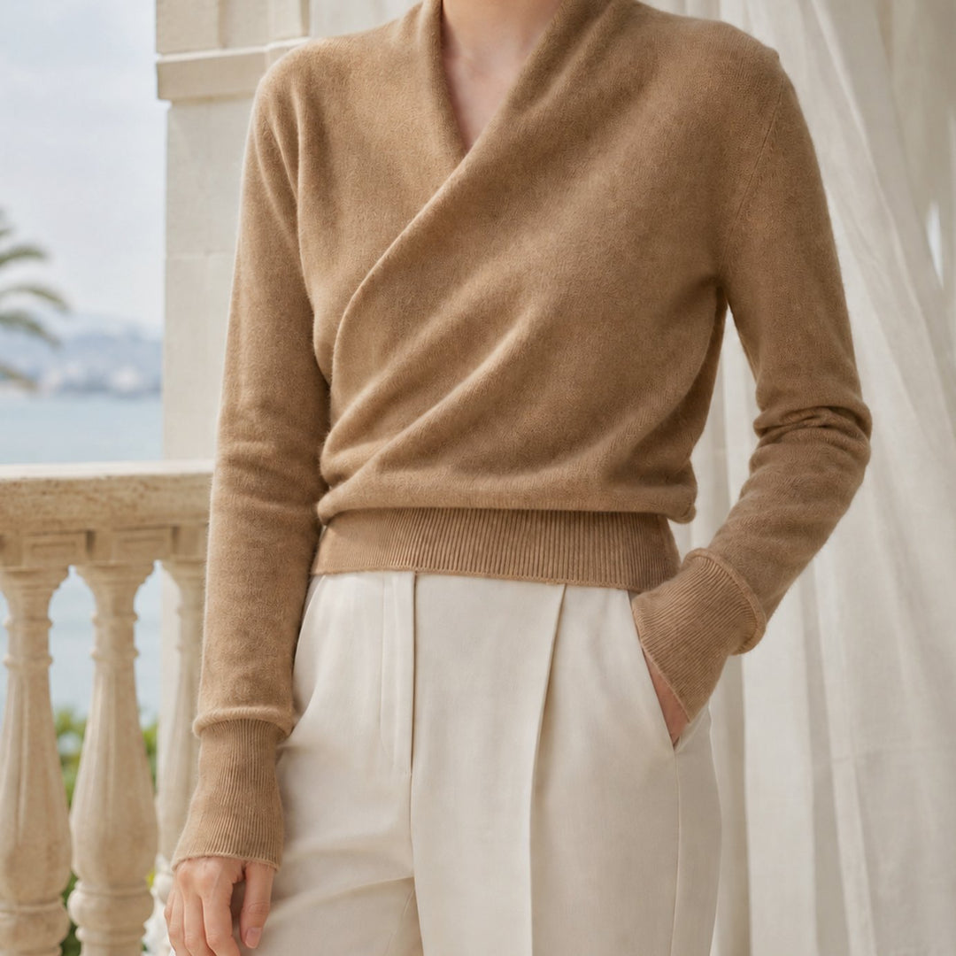 Isla | Soft Crossover Shawl-Neck Jumper – Elegant Wrap Neckline, Defined Waist