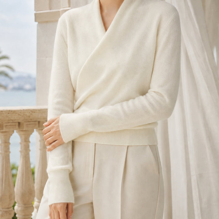 Isla | Soft Crossover Shawl-Neck Jumper – Elegant Wrap Neckline, Defined Waist