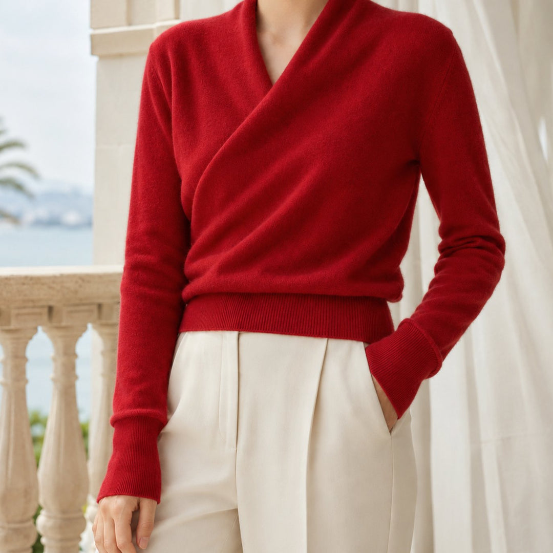 Isla | Soft Crossover Shawl-Neck Jumper – Elegant Wrap Neckline, Defined Waist
