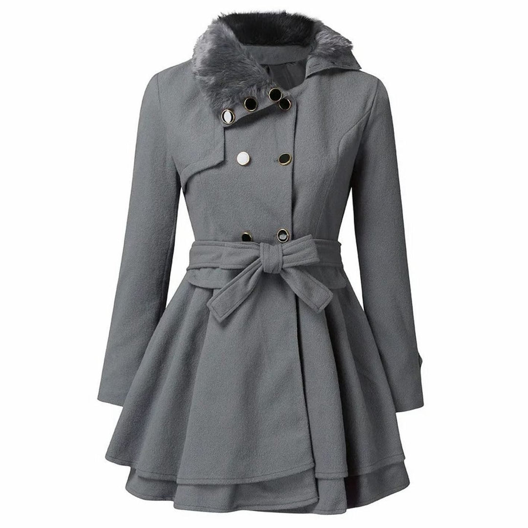 Clara | Elegant Belted Overcoat – Faux Fur Collar, Flared Hem, Double-Breasted