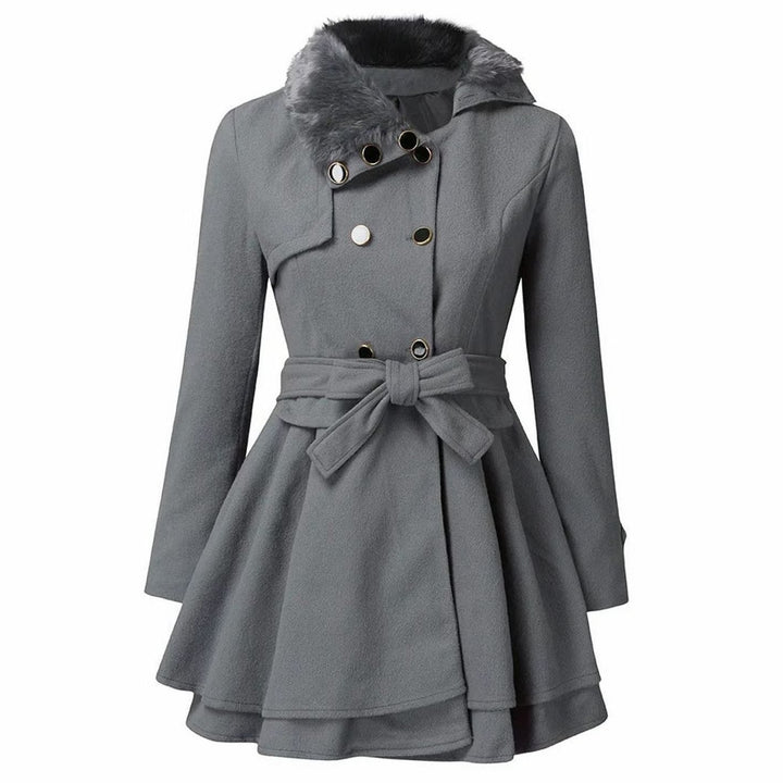Clara | Elegant Belted Overcoat – Faux Fur Collar, Flared Hem, Double-Breasted