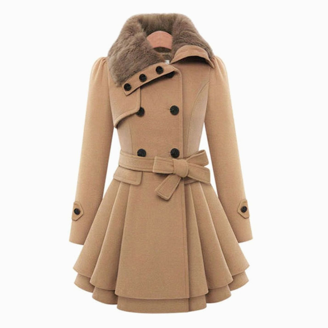 Clara | Elegant Belted Overcoat – Faux Fur Collar, Flared Hem, Double-Breasted