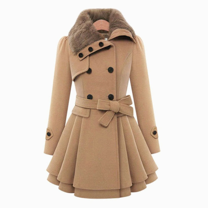 Clara | Elegant Belted Overcoat – Faux Fur Collar, Flared Hem, Double-Breasted