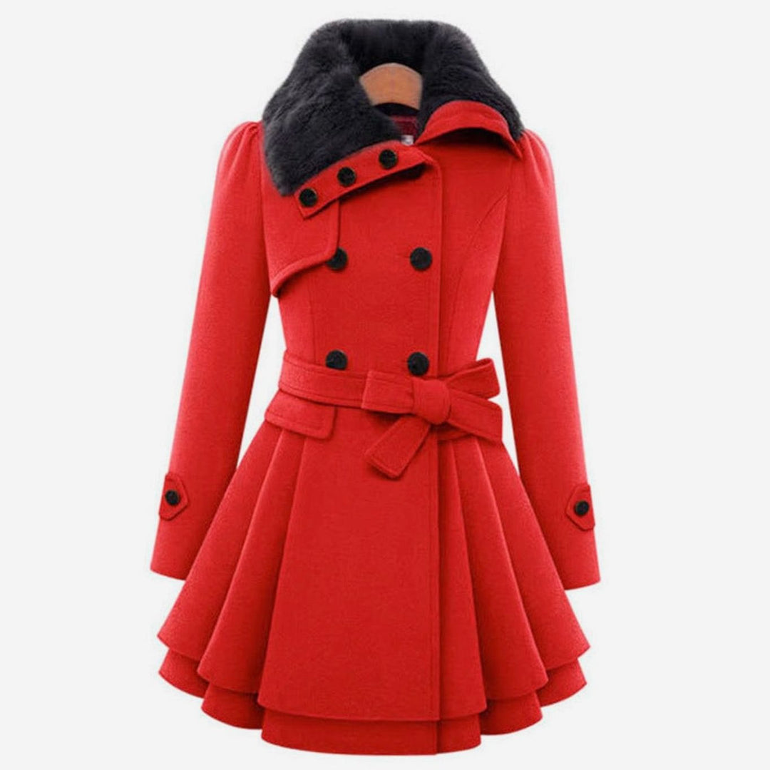 Clara | Elegant Belted Overcoat – Faux Fur Collar, Flared Hem, Double-Breasted