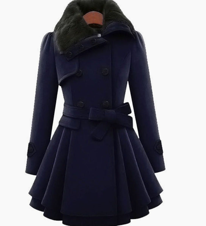 Clara | Elegant Belted Overcoat – Faux Fur Collar, Flared Hem, Double-Breasted