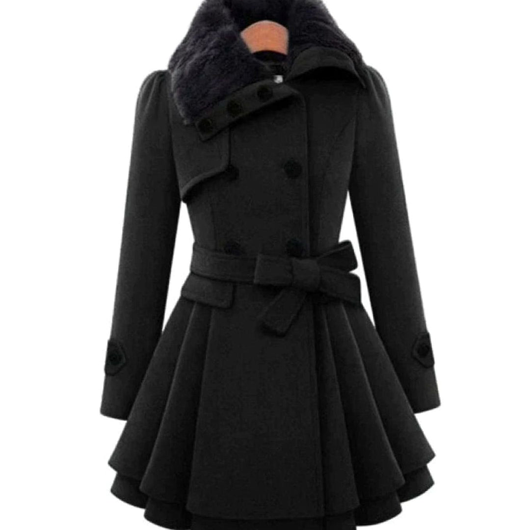 Clara | Elegant Belted Overcoat – Faux Fur Collar, Flared Hem, Double-Breasted