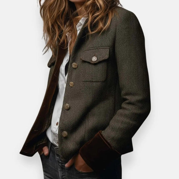 Harriet | Smart Herringbone Quilted Jacket – Velvet Cuffs, Gold-Tone Buttons, Chest Pockets