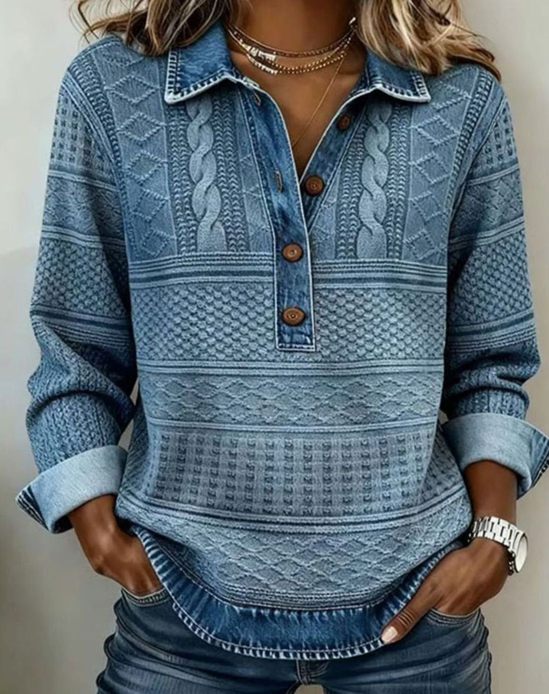 Hazel | Relaxed Cable Knit Jumper – Denim-Look Collar & Cuffs, Layered Look in One
