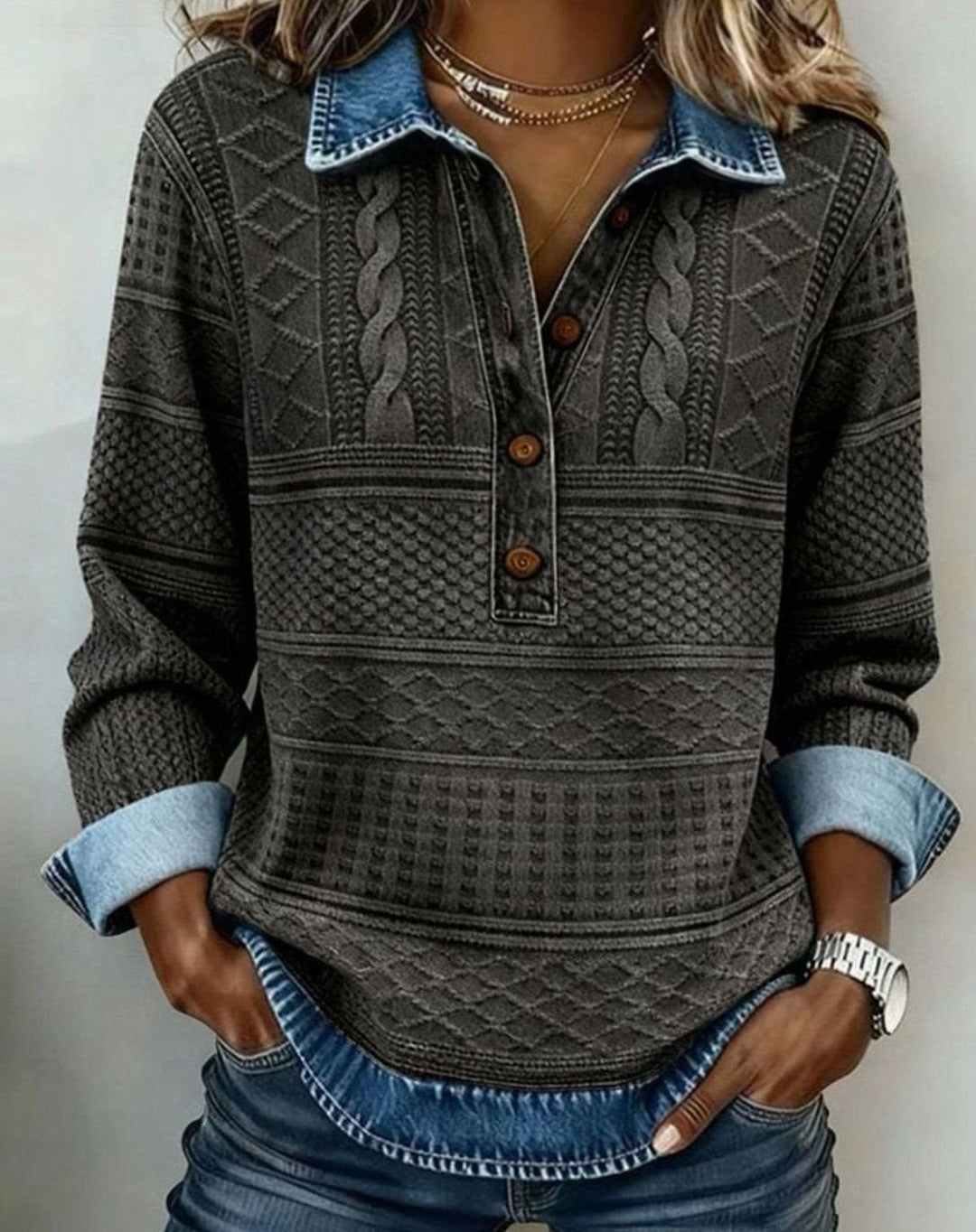 Hazel | Relaxed Cable Knit Jumper – Denim-Look Collar & Cuffs, Layered Look in One