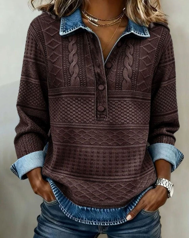 Hazel | Relaxed Cable Knit Jumper – Denim-Look Collar & Cuffs, Layered Look in One