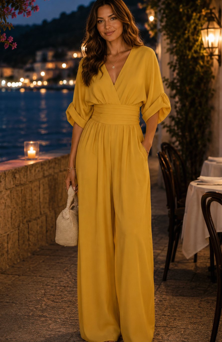 Ella | Flattering Wide-Leg Wrap Jumpsuit – V-Neck, Gathered Waist, Side Pockets