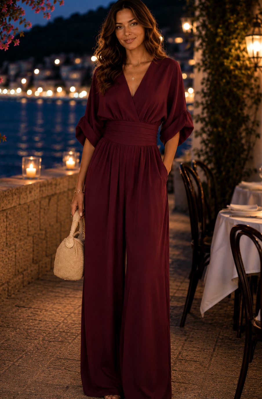 Ella | Flattering Wide-Leg Wrap Jumpsuit – V-Neck, Gathered Waist, Side Pockets
