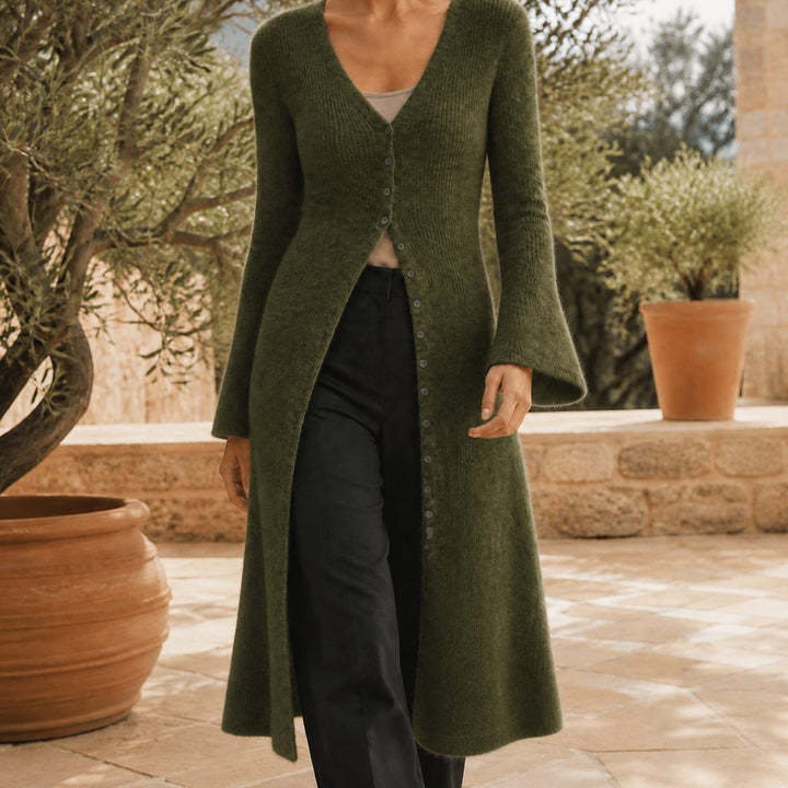 Freya | Elegant Longline Knit Cardigan – V-Neck, Button Front, Flattering Shape