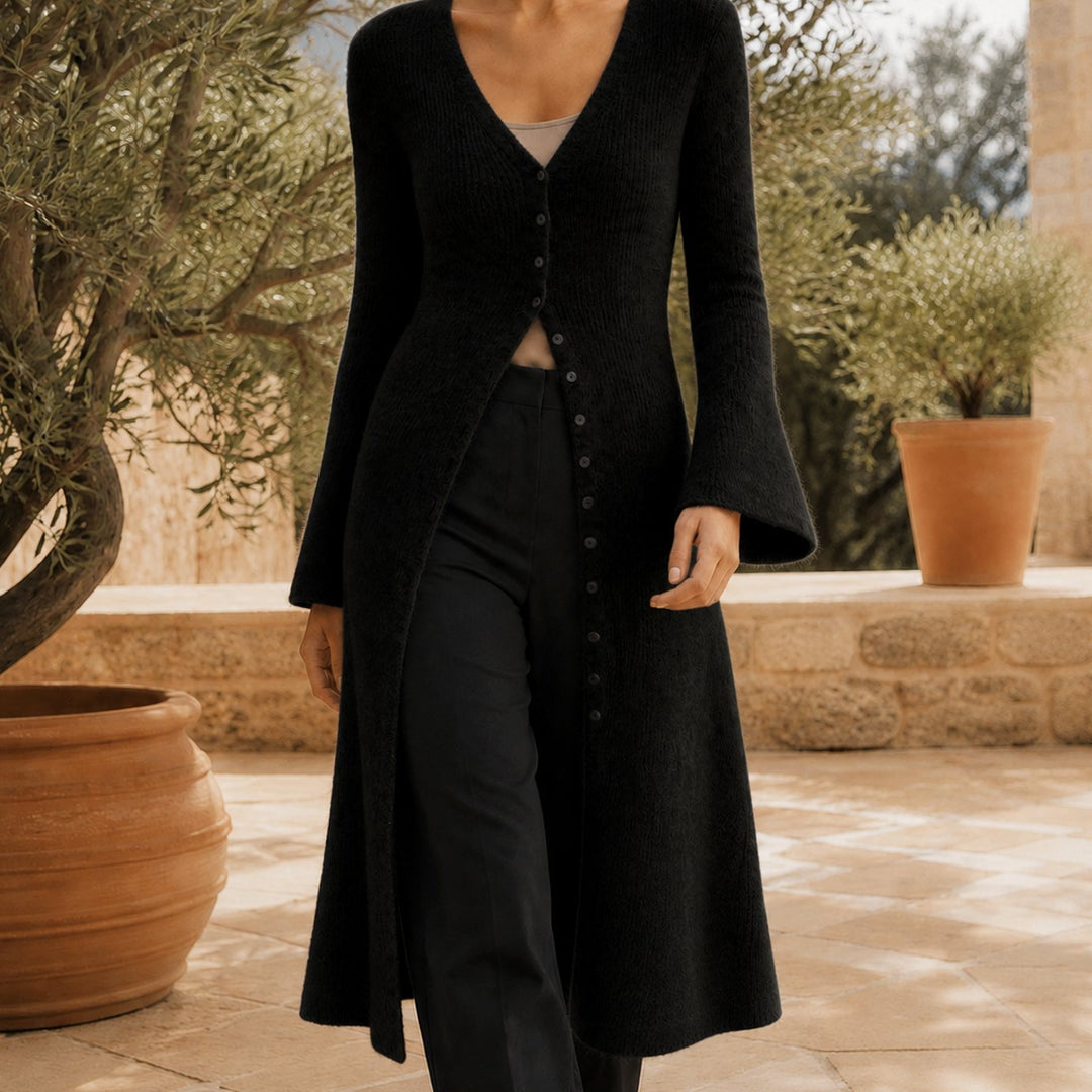 Freya | Elegant Longline Knit Cardigan – V-Neck, Button Front, Flattering Shape