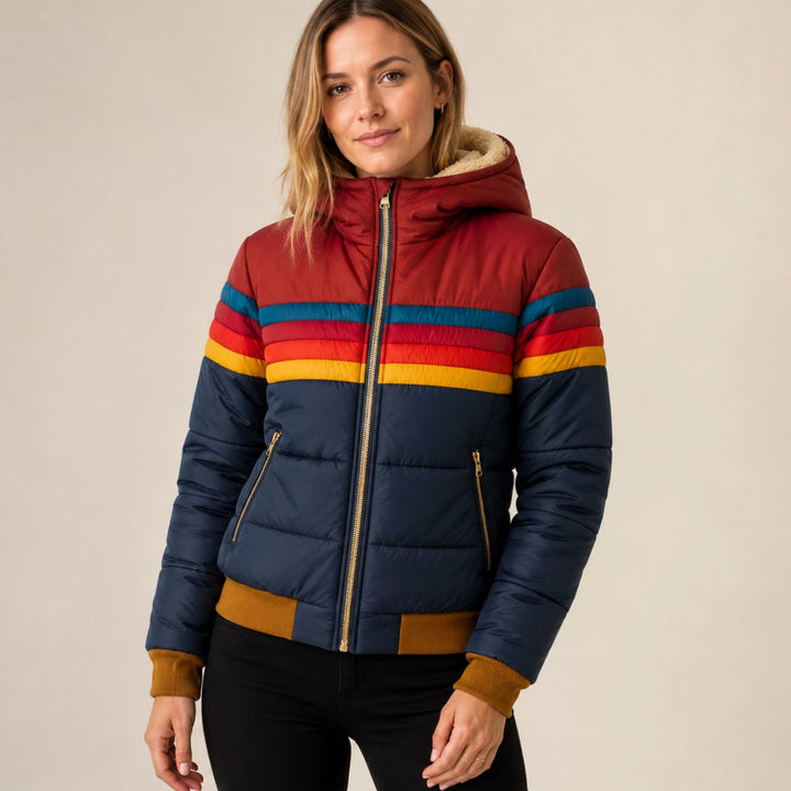 Maisie | Warm Longline Puffer Coat – Sherpa-Lined Hood, Water-Resistant, Retro Stripe