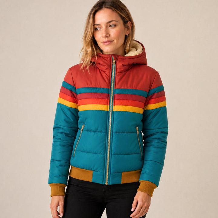 Maisie | Warm Longline Puffer Coat – Sherpa-Lined Hood, Water-Resistant, Retro Stripe