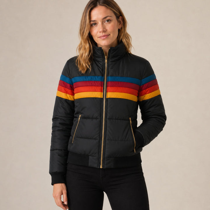 Maisie | Warm Longline Puffer Coat – Sherpa-Lined Hood, Water-Resistant, Retro Stripe