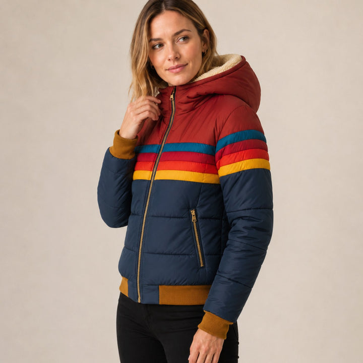 Maisie | Warm Longline Puffer Coat – Sherpa-Lined Hood, Water-Resistant, Retro Stripe