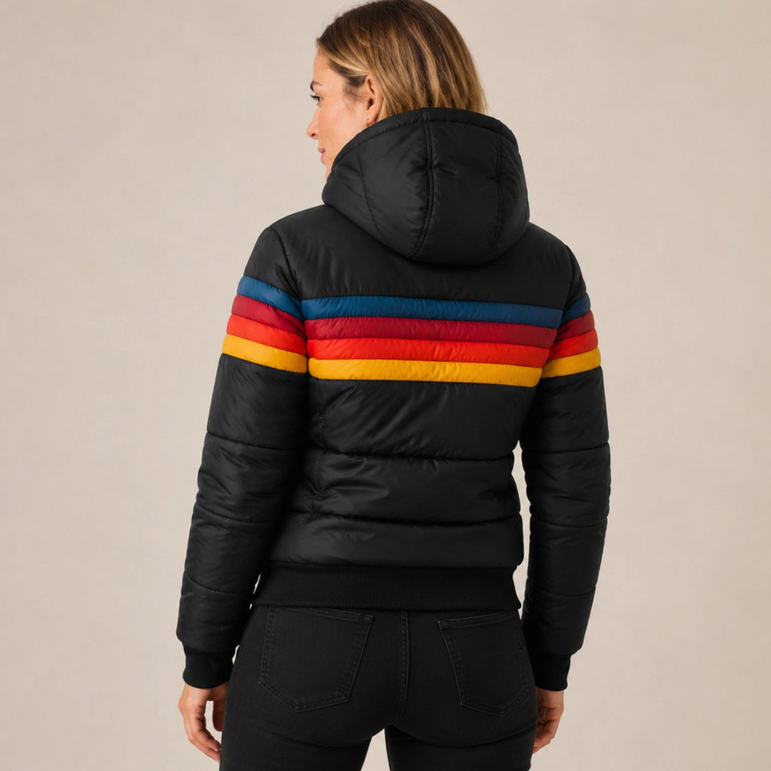 Maisie | Warm Longline Puffer Coat – Sherpa-Lined Hood, Water-Resistant, Retro Stripe