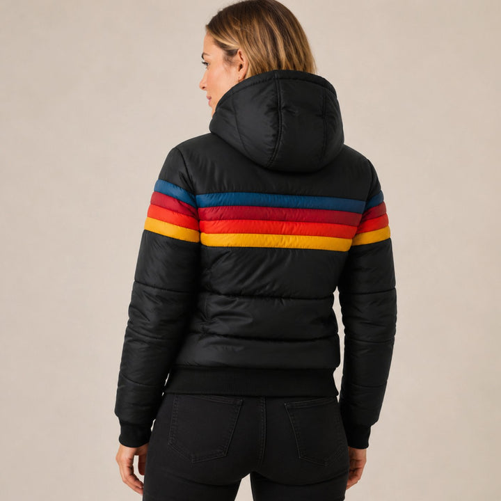 Maisie | Warm Longline Puffer Coat – Sherpa-Lined Hood, Water-Resistant, Retro Stripe