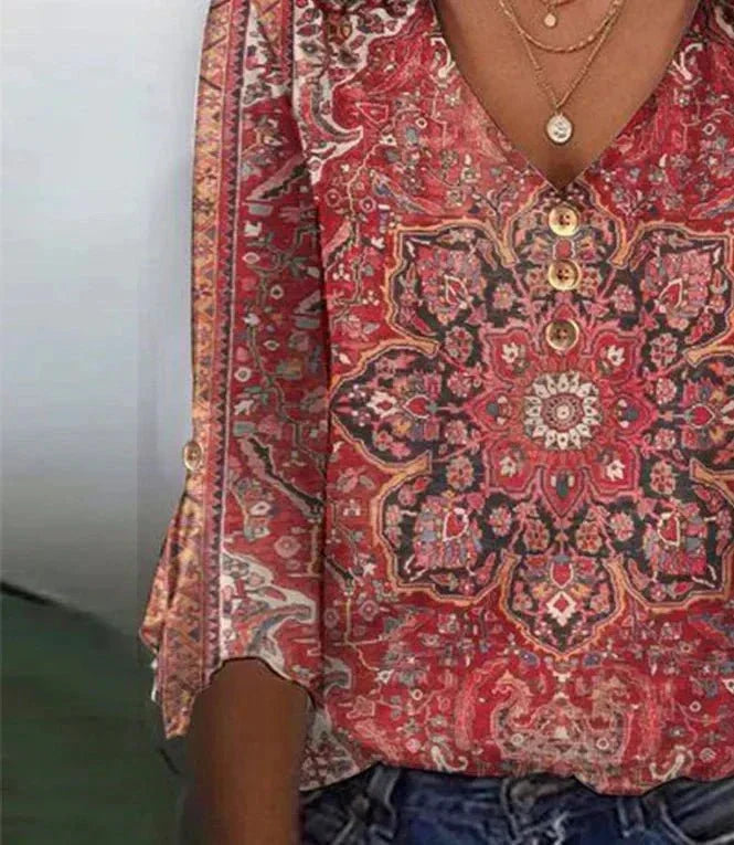 Loretta | Flattering Boho Print V-Neck Top – 3/4 Sleeves, Coral Red